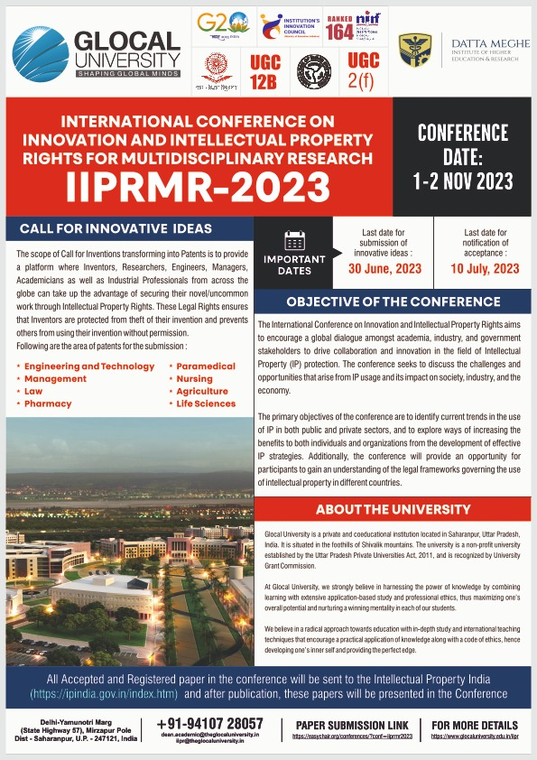 International Conference on Innovation and Intellectual Property Rights for Multidisciplinary Research IIPRMR-2023, 1-2 Nov 2023